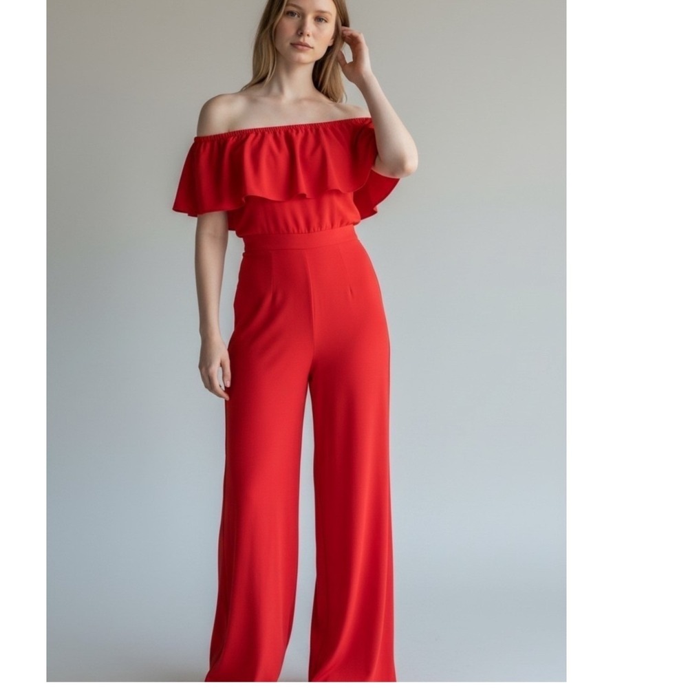 Amanda Uprichard Off Shoulder Jumpsuit Women 8 Red Ruffle Overlay Short Sleeve